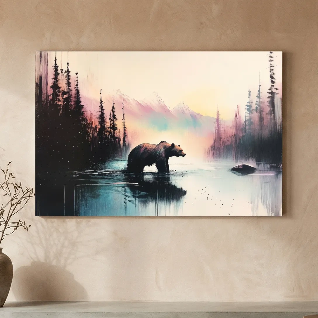 Moody Watercolor Grizzly Bear Lake Reflection - Misty Mountain Wilderness Wall Art