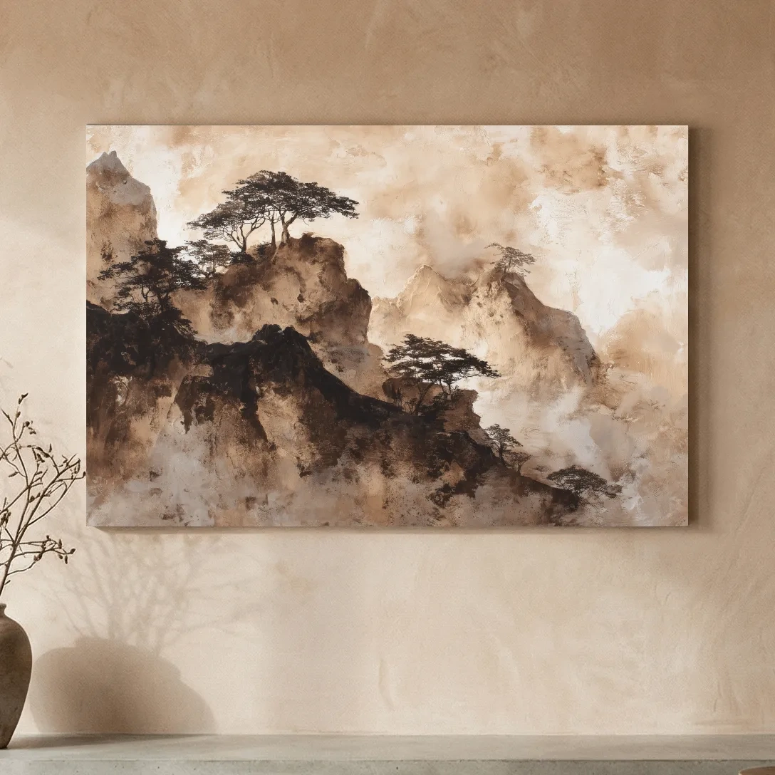 Sepia Japandi Mountain Ridge Painting - Atmospheric Ink Wash Art