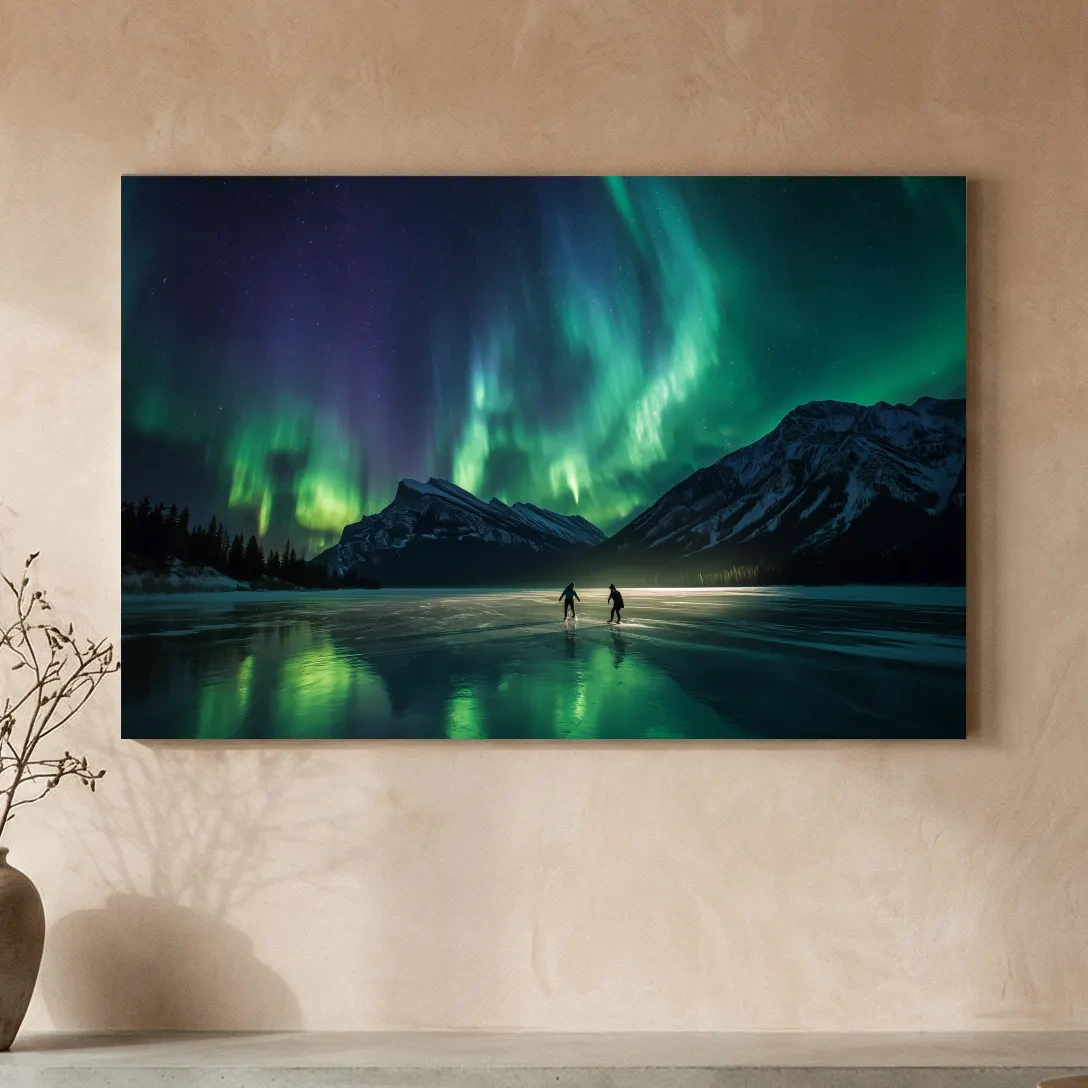 Ice Skaters Under Vibrant Northern Lights - Aurora Borealis Photographic Wall Art