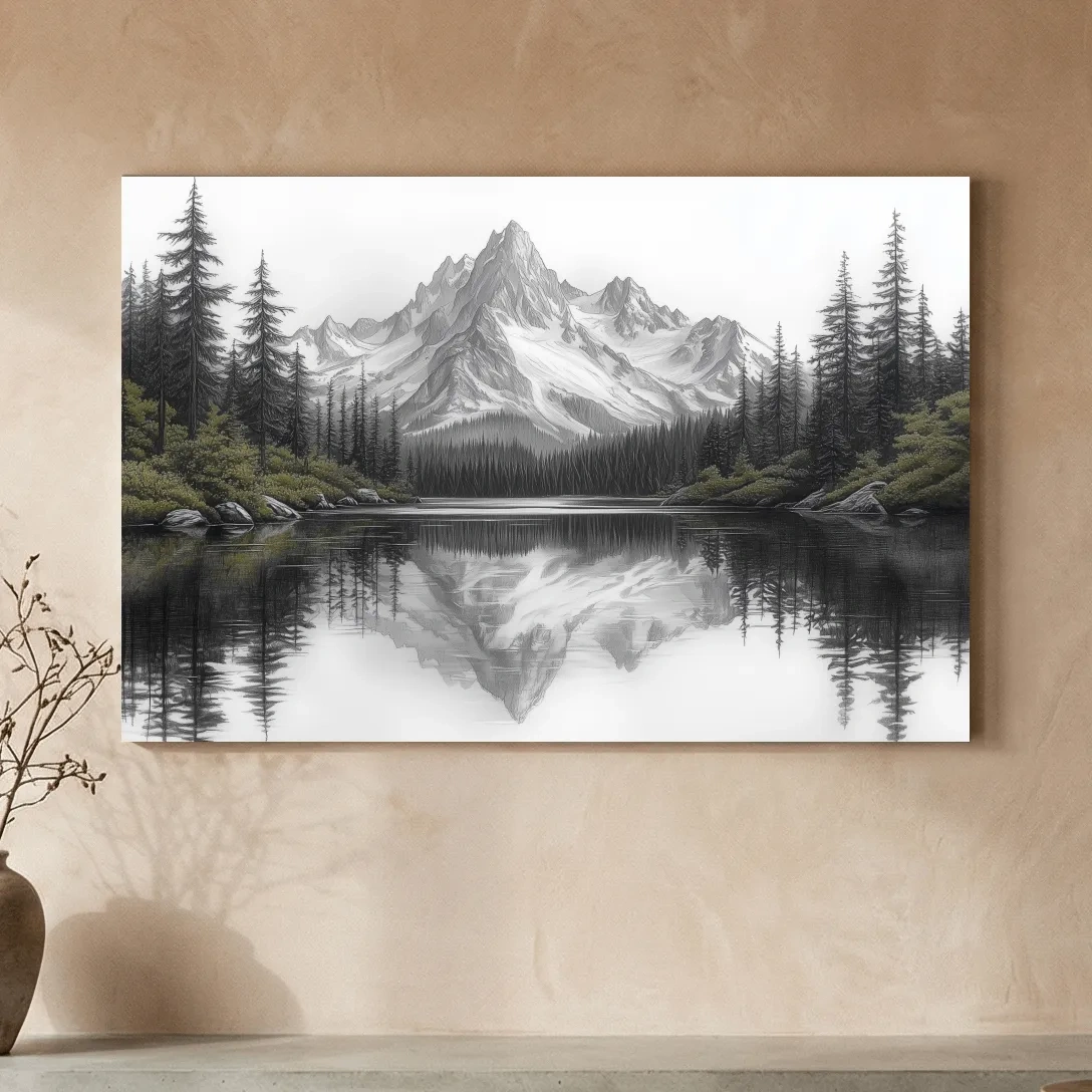 Monochrome Alpine Mountain Lake Reflection Sketch Artwork - Minimalist Forest Landscape Wall Art