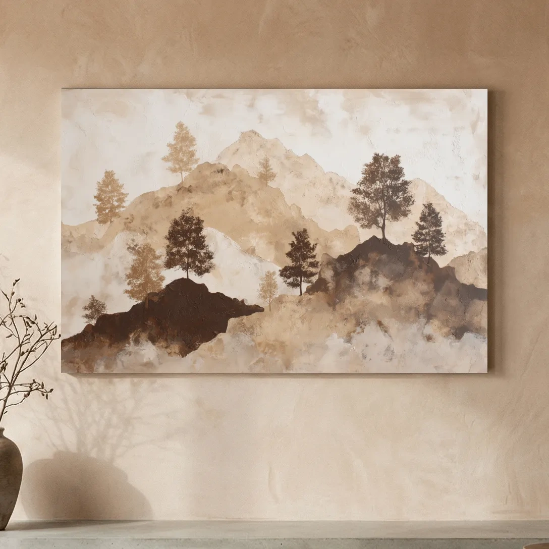 Wabi-Sabi Mountain Tree Silhouettes Painting - Minimalist Landscape Wall Art