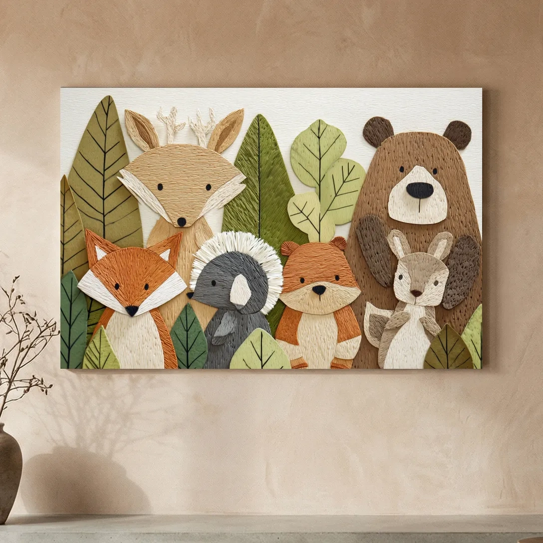 Woodland Animal Nursery Decor - Cute Forest Animals Embroidery Style Wall Art