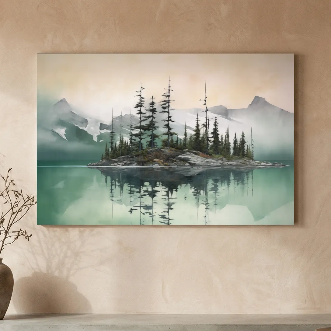 Misty Turquoise Alpine Lake Reflection - Serene Watercolor Mountain Landscape Wall Art