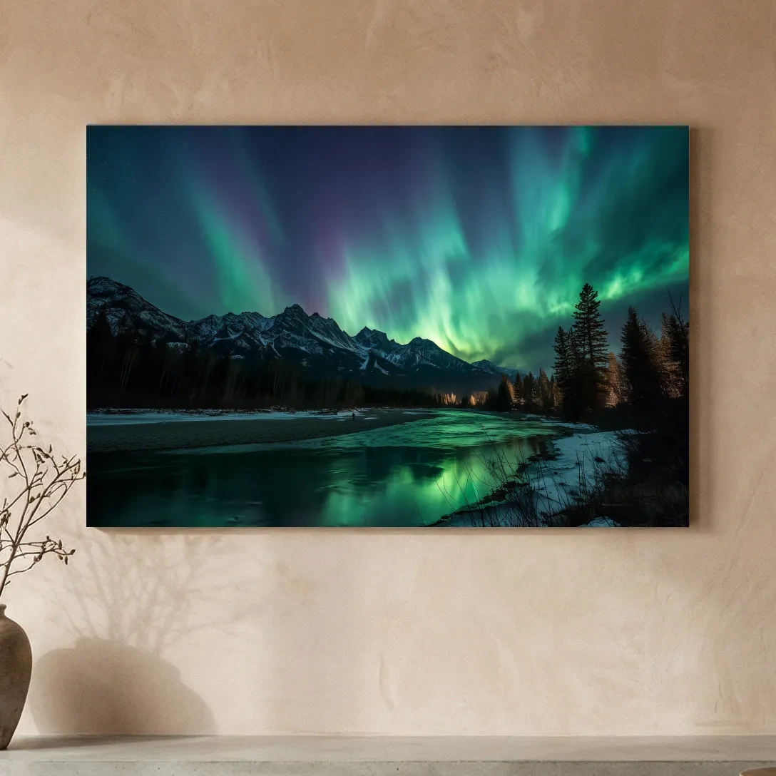 Vibrant Green Northern Lights Over Frozen Lake - Aurora Borealis Landscape Wall Art