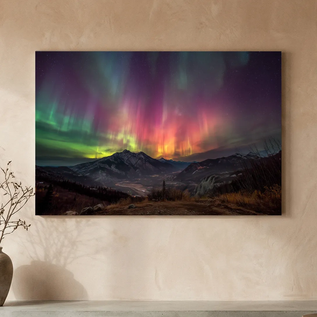 Vibrant Aurora Borealis Over Mountain Range - Colorful Northern Lights Landscape Wall Art