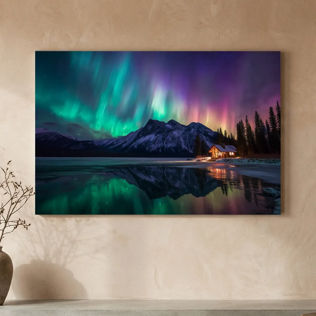 Vibrant Northern Lights Over Mountain Lake Cabin - Aurora Borealis Landscape Wall Art