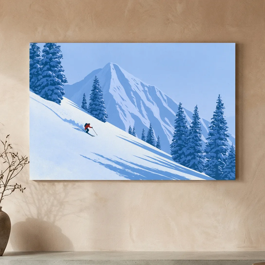 Minimalist Snowy Mountain Skier Landscape - Winter Alpine Illustration Wall Art