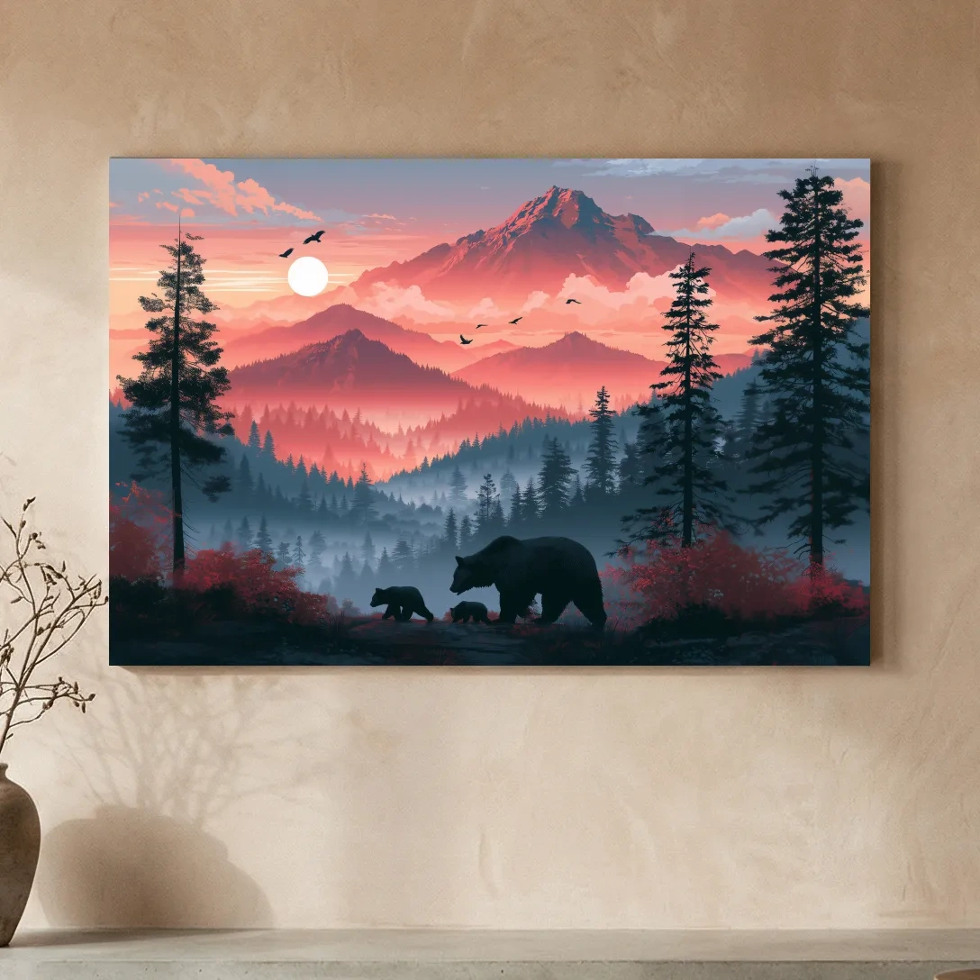 Sunset Mama Bear & Cubs Silhouette - Forest Wildlife Wall Art