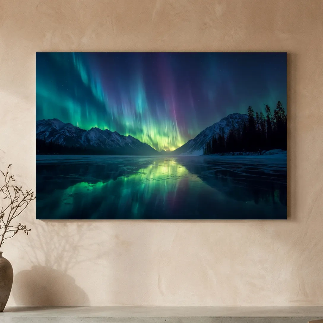 Vibrant Northern Lights Over Icy Mountain Lake - Aurora Borealis Wall Art