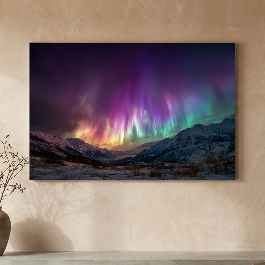 Vibrant Aurora Borealis Over Snowy Mountains - Northern Lights Night Sky Wall Art
