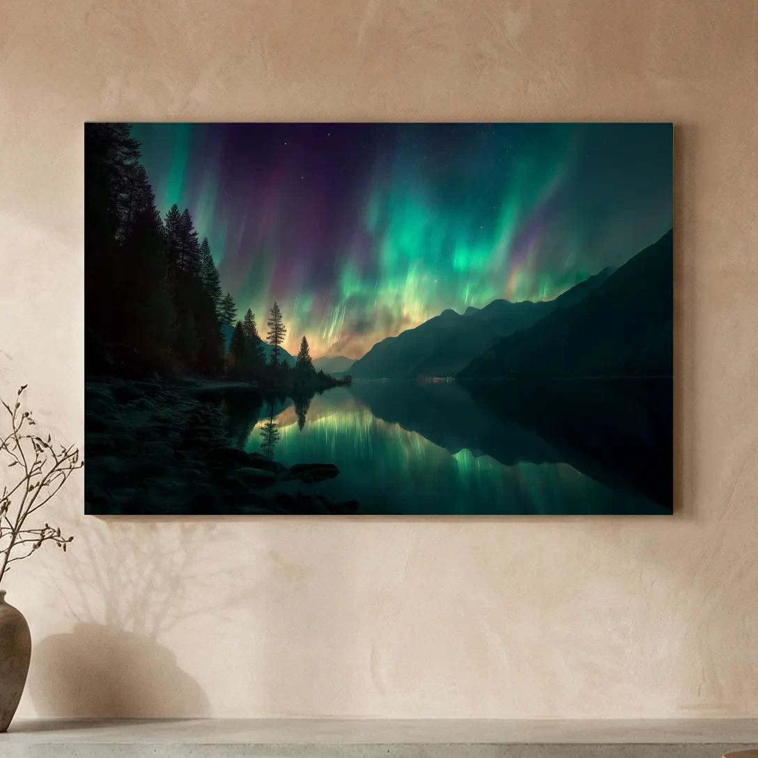 Vibrant Northern Lights Lake Reflection - Aurora Borealis Mountain Wall Art