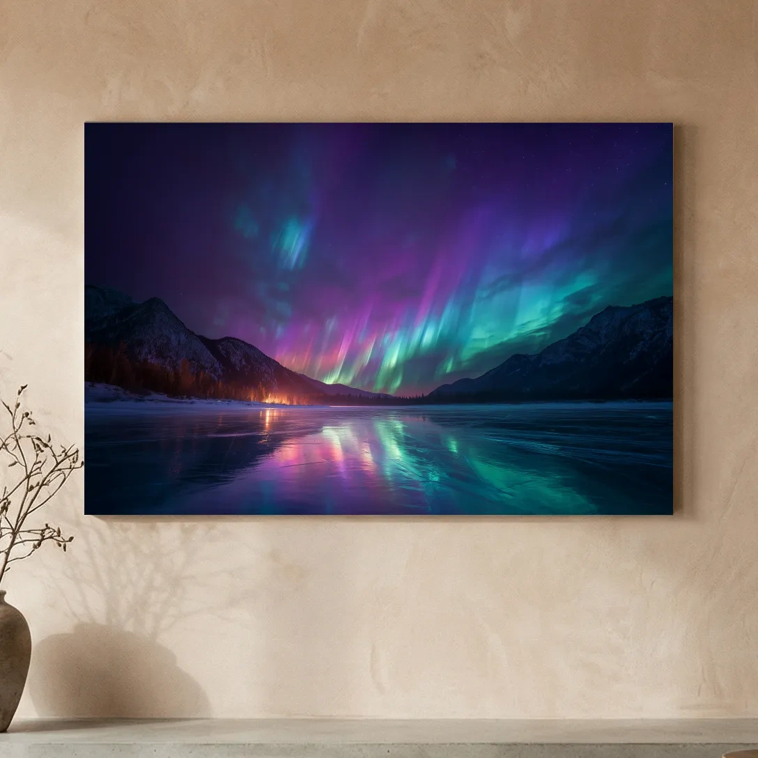 Vibrant Aurora Borealis Over Frozen Lake - Northern Lights Mountain Wall Art