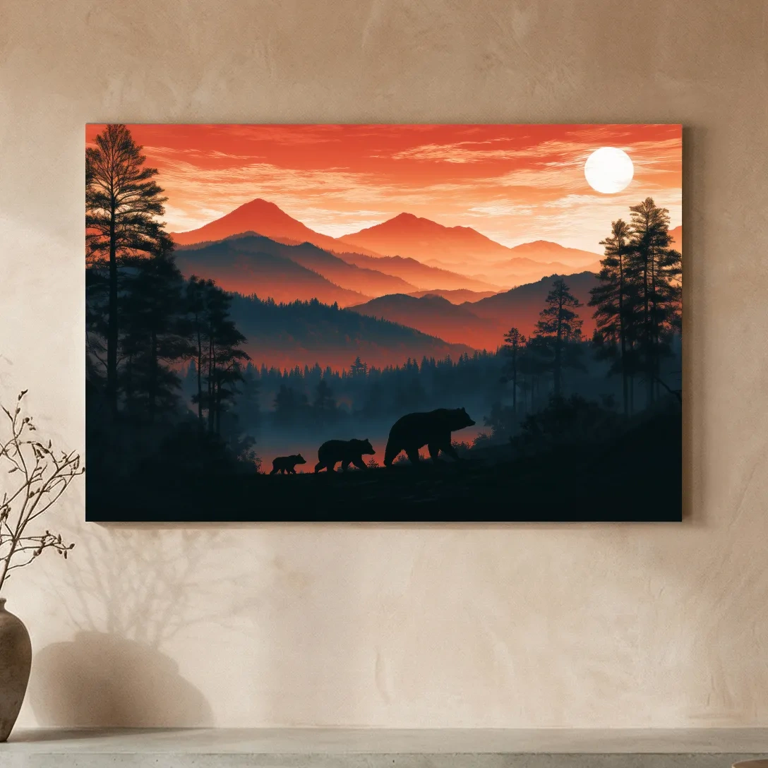 Mountain Sunset Bear Family Silhouettes - Wilderness Landscape Artwork