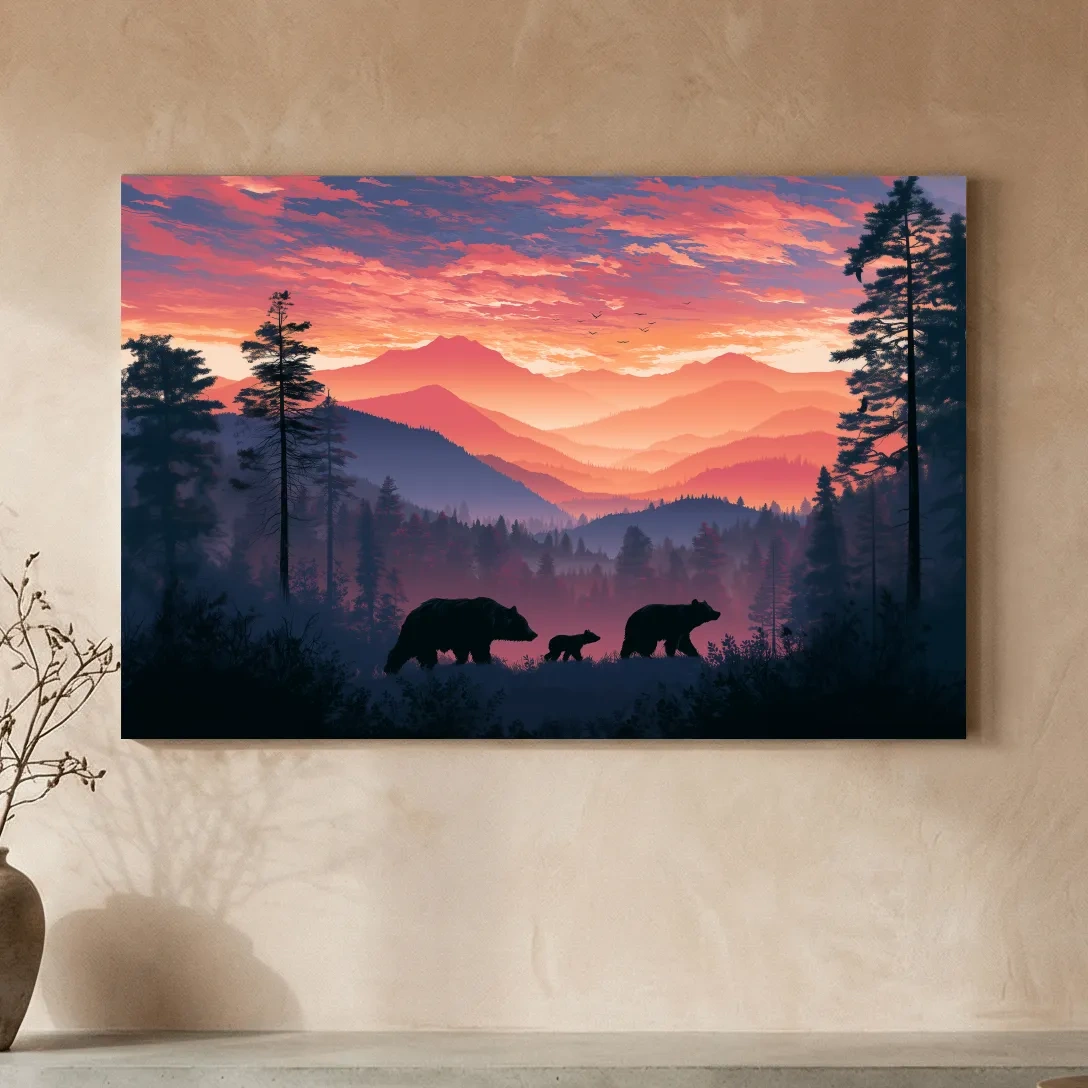 Moody Sunset Mountain Bear Family Silhouettes - Wildlife Wall Art