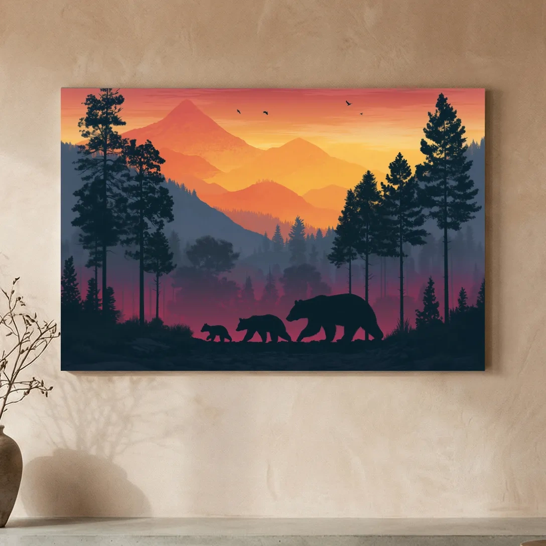 Sunset Momma Bear & Cubs Silhouette - Forest Wildlife Wall Art
