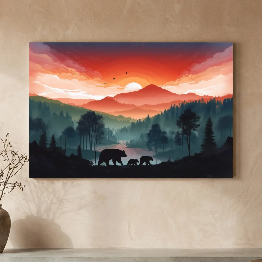 Sunset Bear Family Silhouette Landscape - Misty Mountain Forest Wall Art