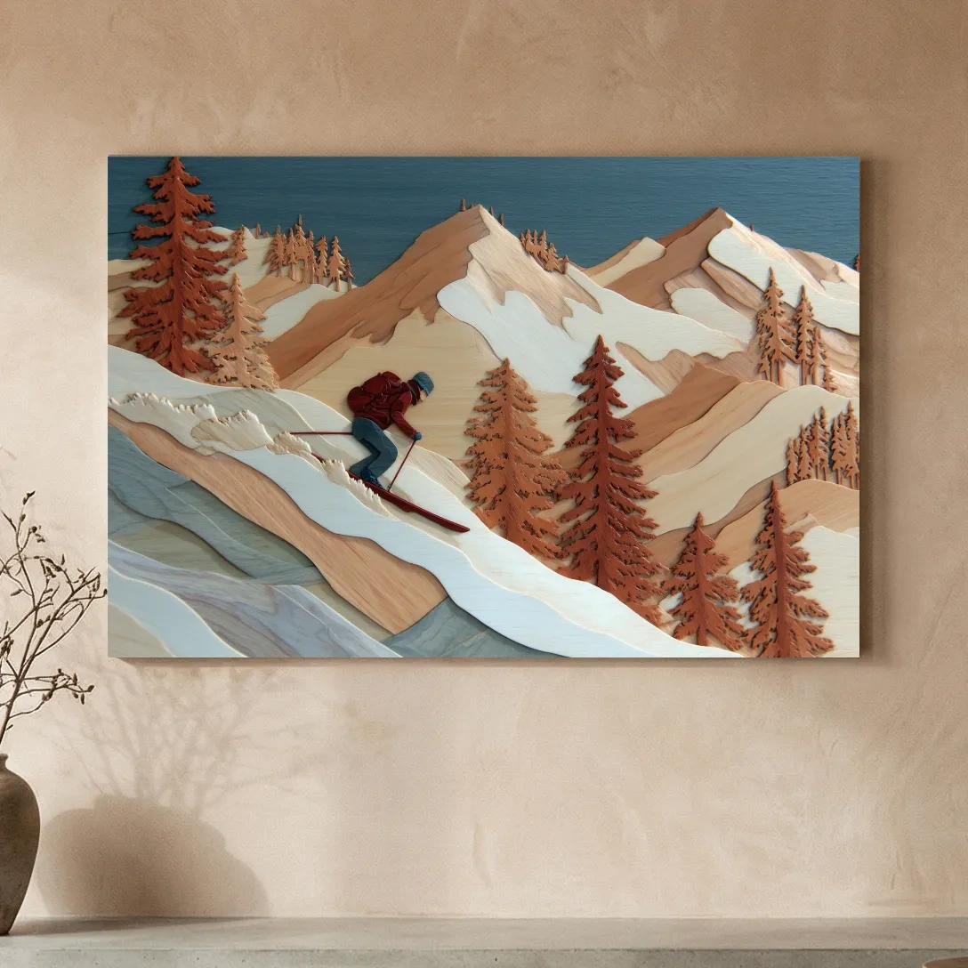 Wood Intarsia Style Skier Mountain Scene - Winter Alpine Wall Art