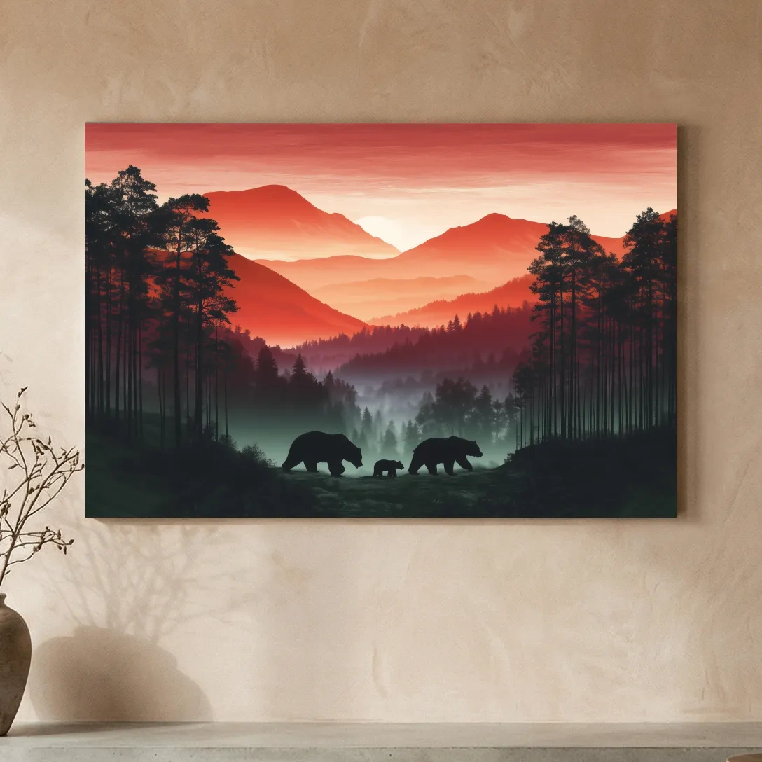 Moody Sunset Mountain Bear Family Silhouettes - Misty Forest Wildlife Wall Art