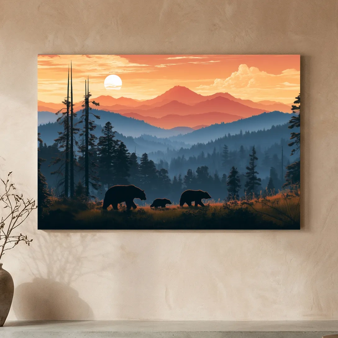 Bear Family Silhouettes - Mountain Sunset Wildlife Wall Art
