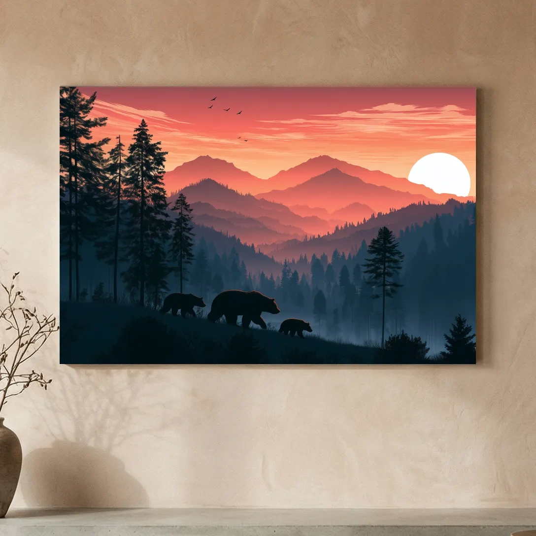Bear Family Silhouette Mountain Sunset - Wildlife Landscape Wall Art