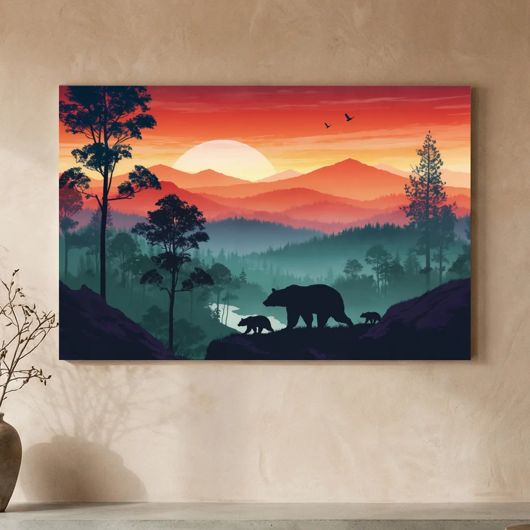 Sunset Mama Bear & Cubs Silhouette - Misty Forest Landscape Artwork