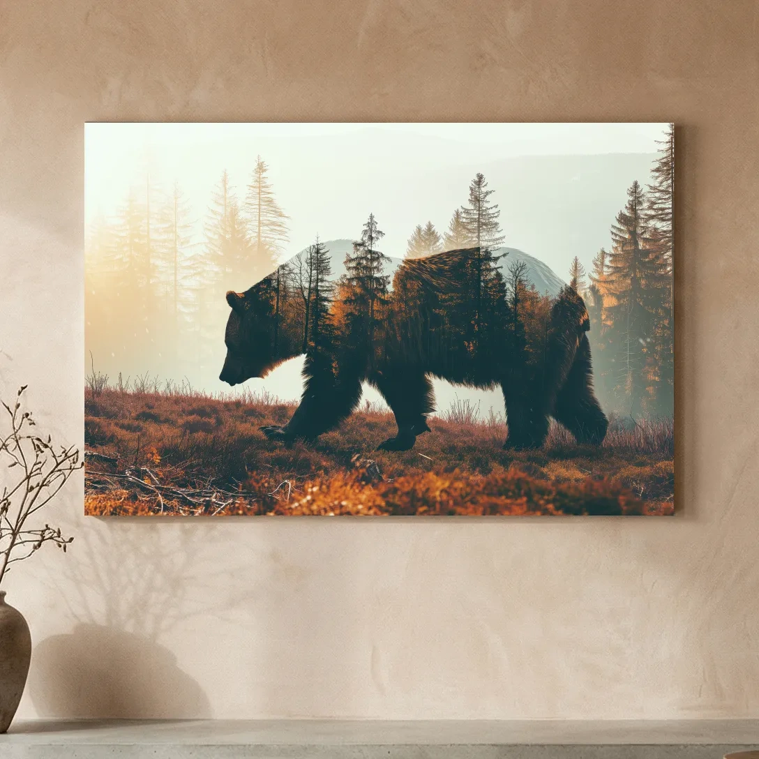 Double Exposure Grizzly Bear Forest - Misty Mountain Wildlife Photographic Artwork