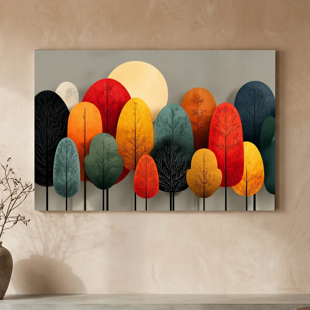 Mid-Century Abstract Autumn Forest Trees - Modern Scandinavian Landscape Artwork