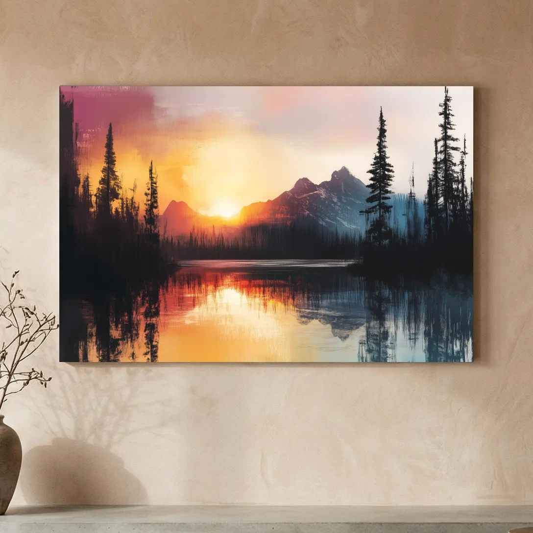 Sunset Mountain Lake Reflection Painting - Dramatic Pine Forest Landscape Wall Art