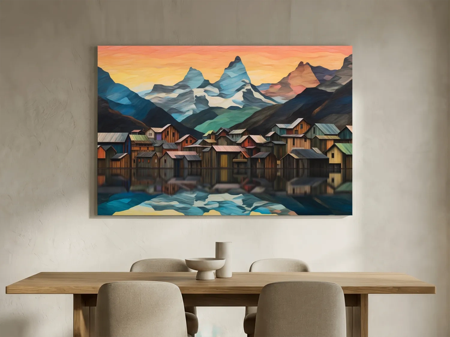 Alpine Mountain Village Reflections - Colorful Paper Cut Style Wall Art