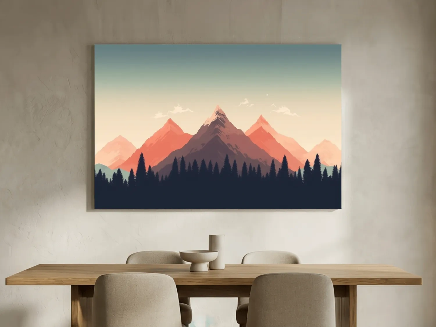 Minimalist Alpine Mountain Sunrise Artwork - Modern Scandinavian Forest Wall Art