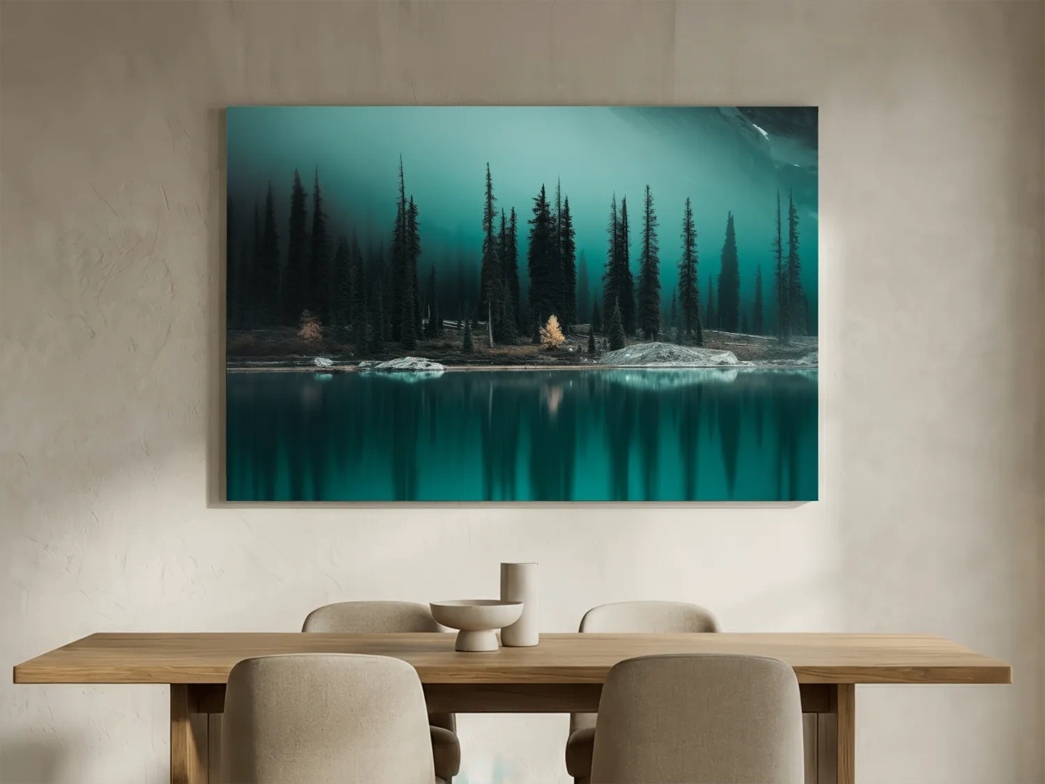 Misty Pine Forest Turquoise Alpine Lake - Serene Mountain Landscape Wall Art