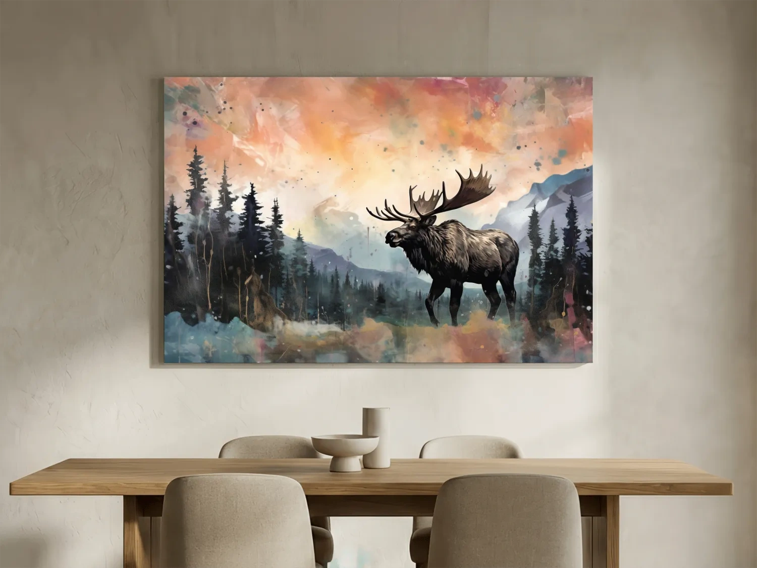 Watercolor Moose In Misty Mountain Forest - Rustic Wildlife Wall Art
