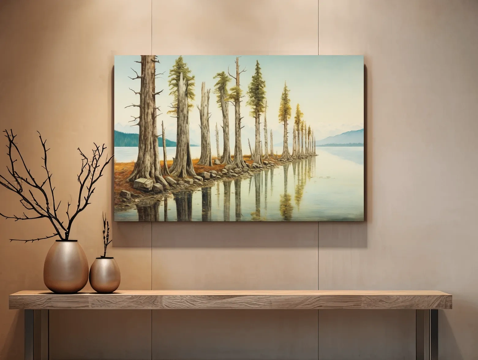 Serene Lakeside Pine Forest Reflections - Watercolor Landscape Wall Art