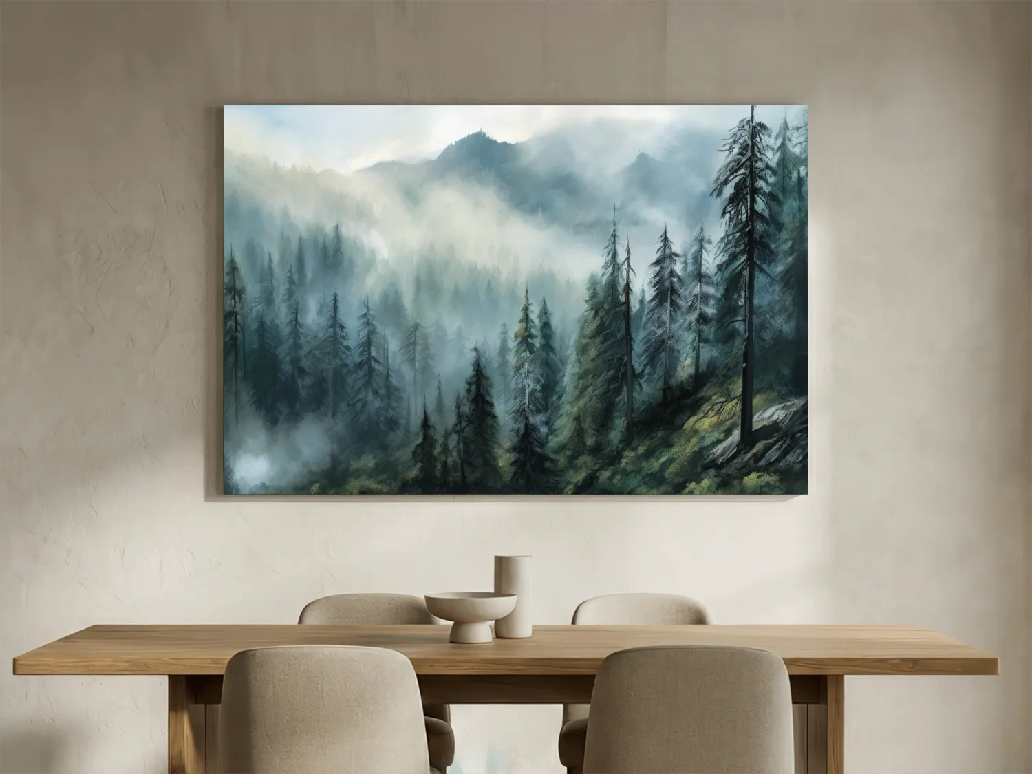 Misty Evergreen Forest Mountain Landscape - Moody Watercolor Nature Wall Art