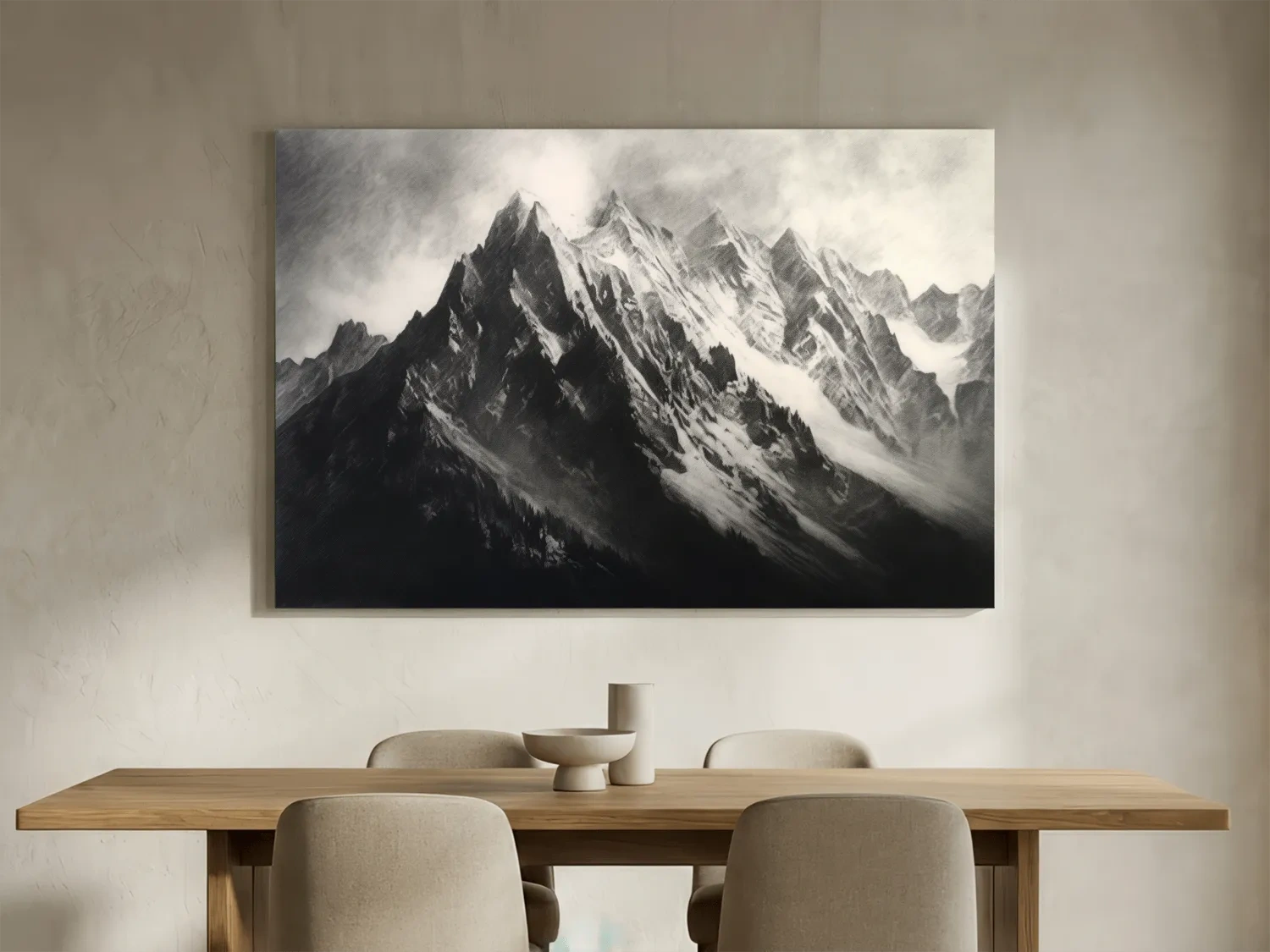 Moody Monochrome Snowy Mountain Peaks - Dramatic Charcoal Landscape Artwork