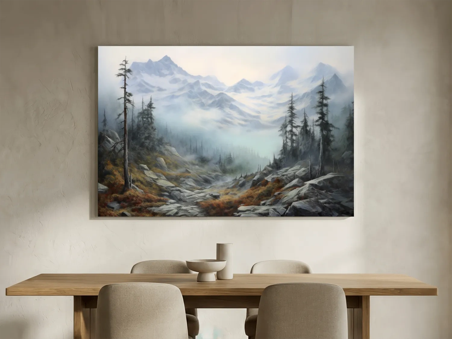 Misty Alpine Valley Painting - Moody Foggy Mountain Landscape Wall Art
