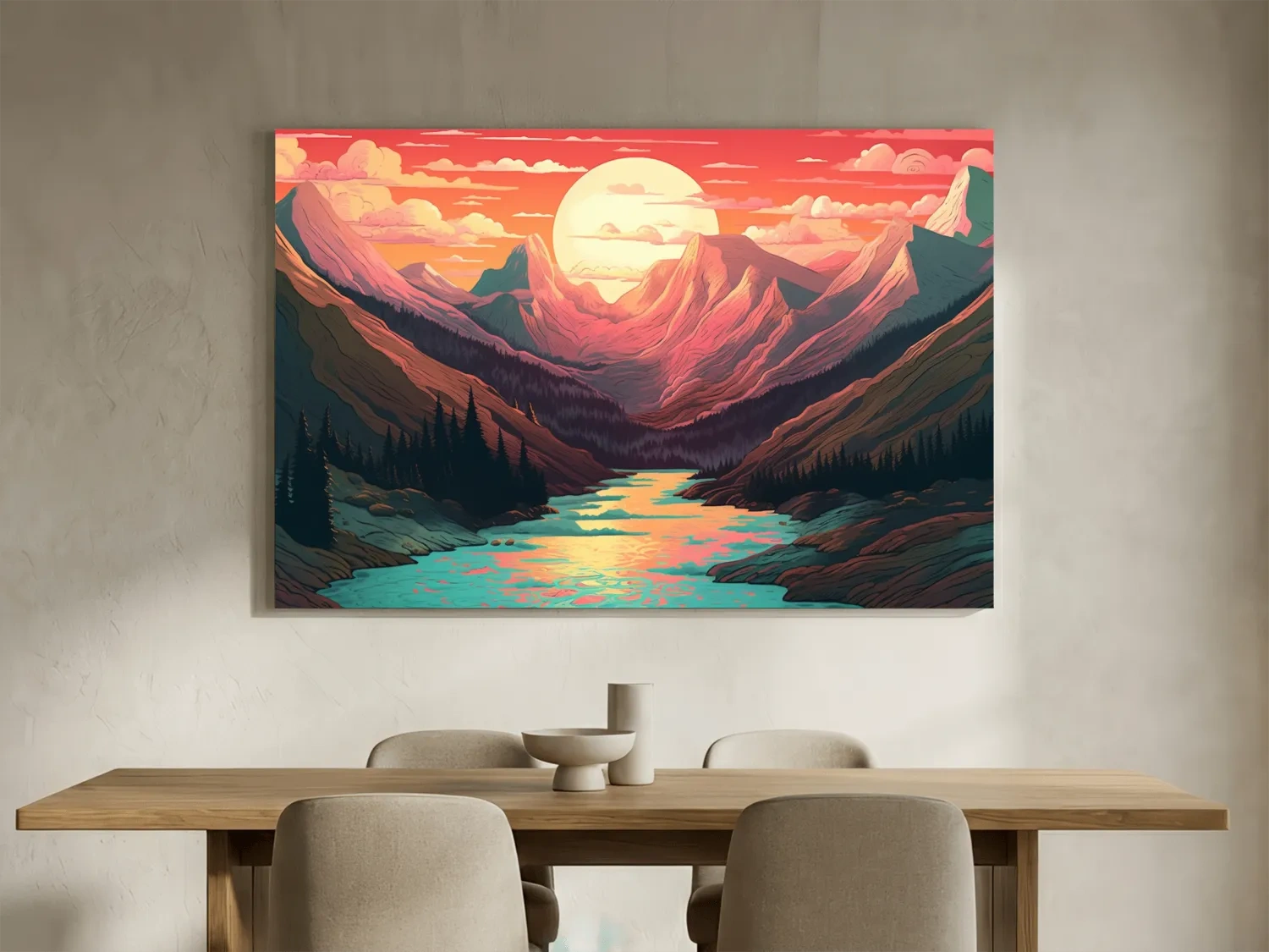 Vibrant Sunset Mountain Valley Illustration - Retro Landscape Wall Art