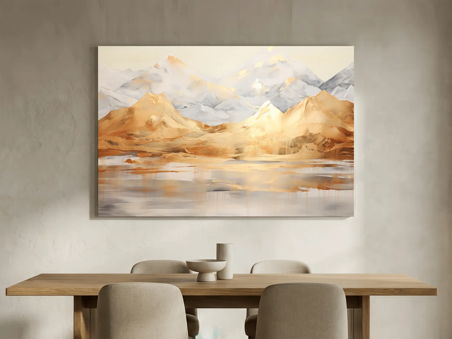 Luxe Golden Abstract Mountain Lake Painting - Elegant Landscape Wall Art