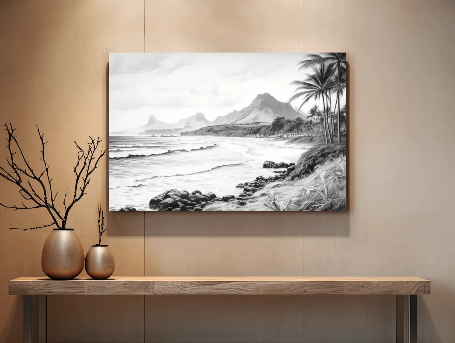 Black and white drawing of a tropical beach mountain scene