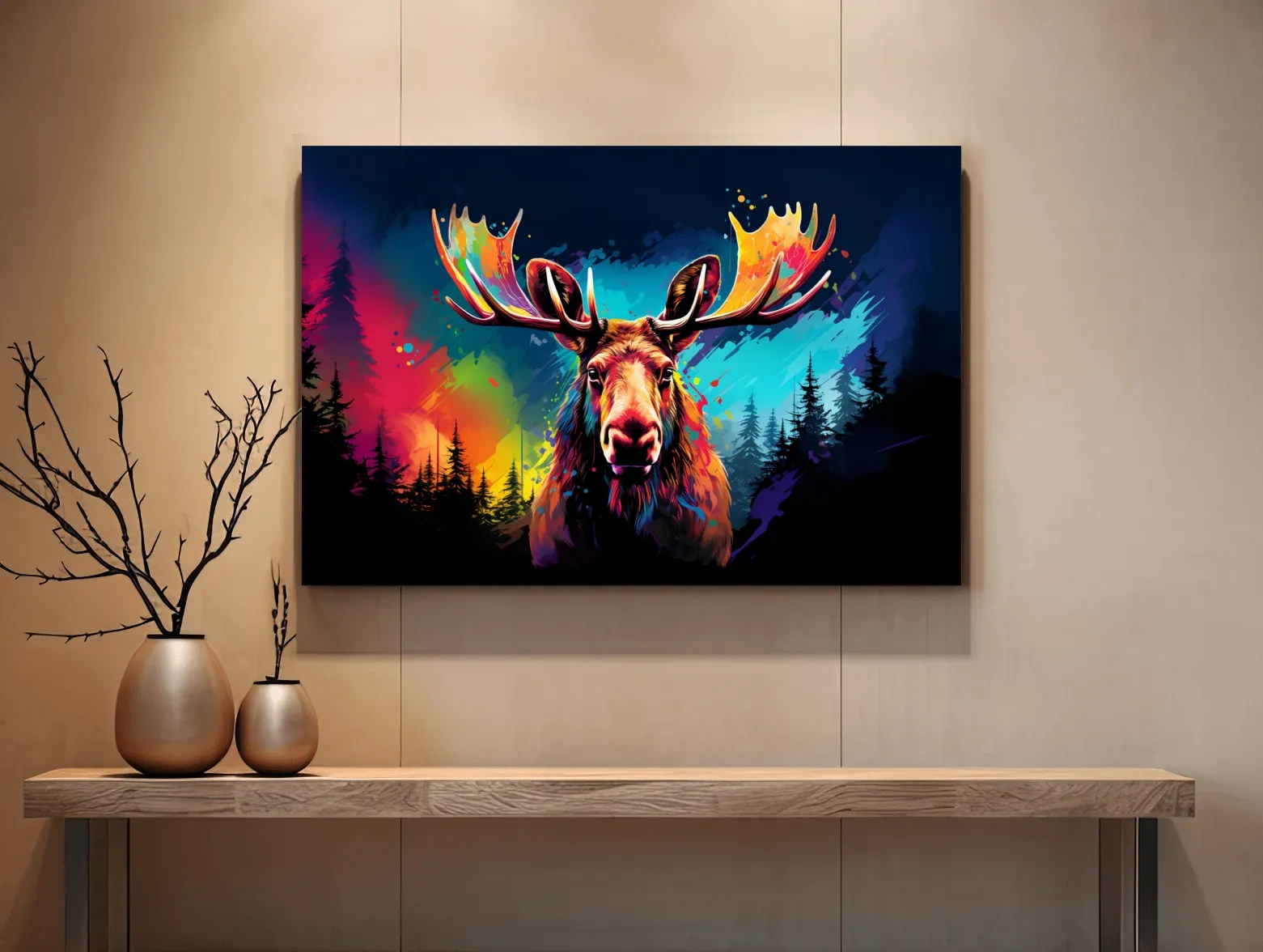 Vibrant Abstract Retro Moose Portrait - Colorful Splash Paint Wildlife Wall Art