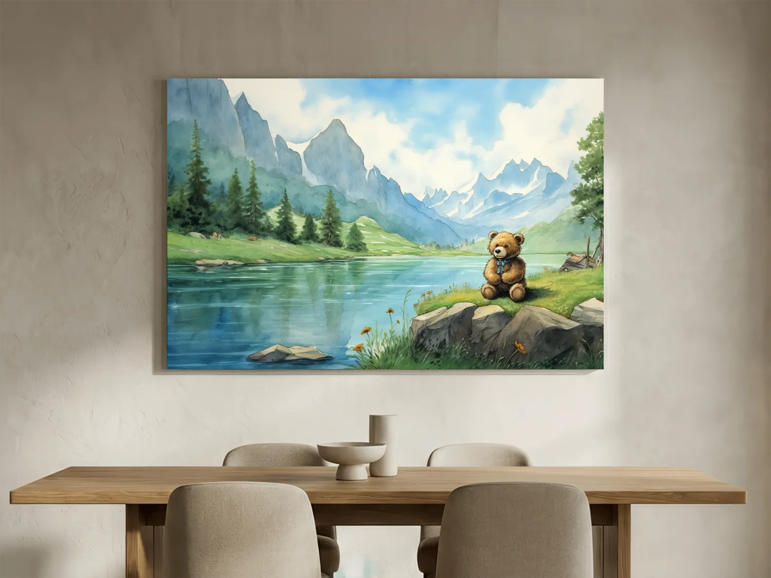 Whimsical Teddy Bear By Mountain Lake - Cute Watercolor Nursery Wall Art