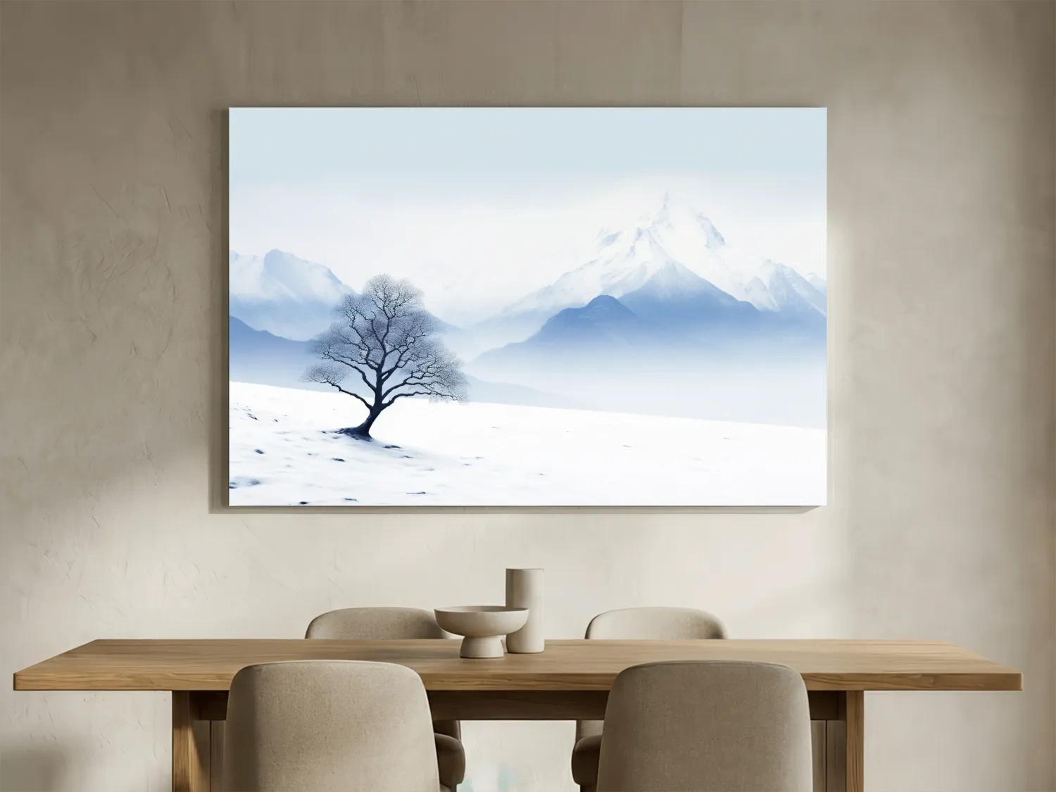 Minimalist Snowy Mountain Landscape With Lone Tree - Serene Winter Painting Wall Art