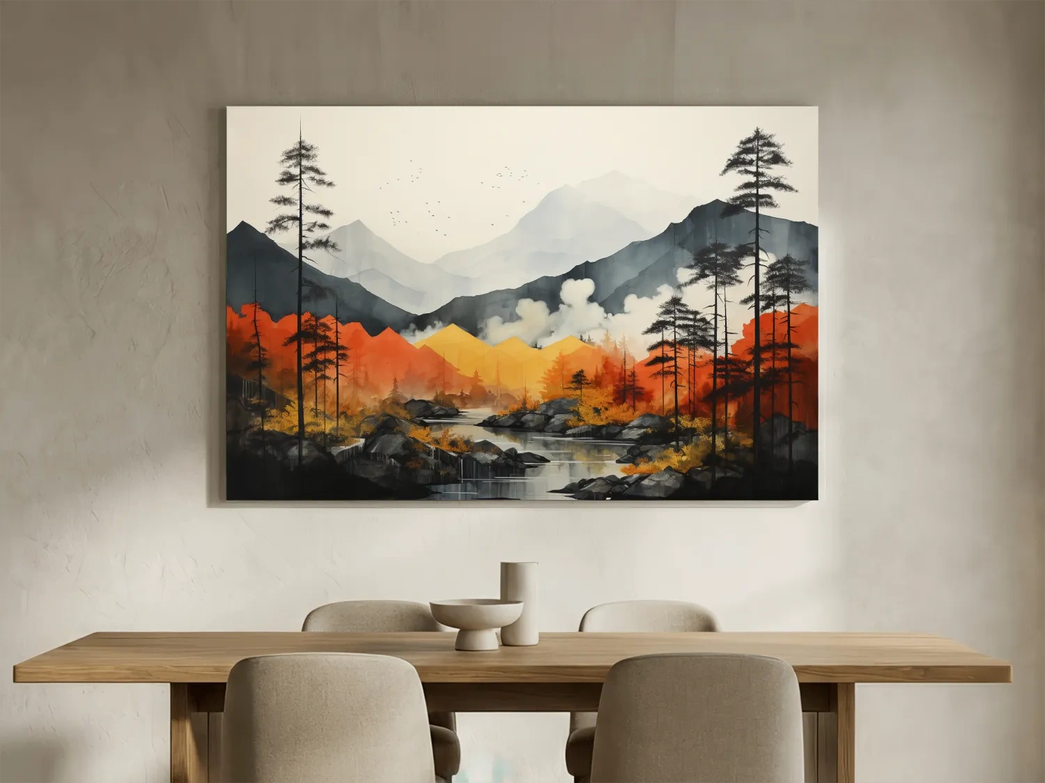 Surreal Mountain Lake Landscape - Autumn Forest Watercolor Wall Art