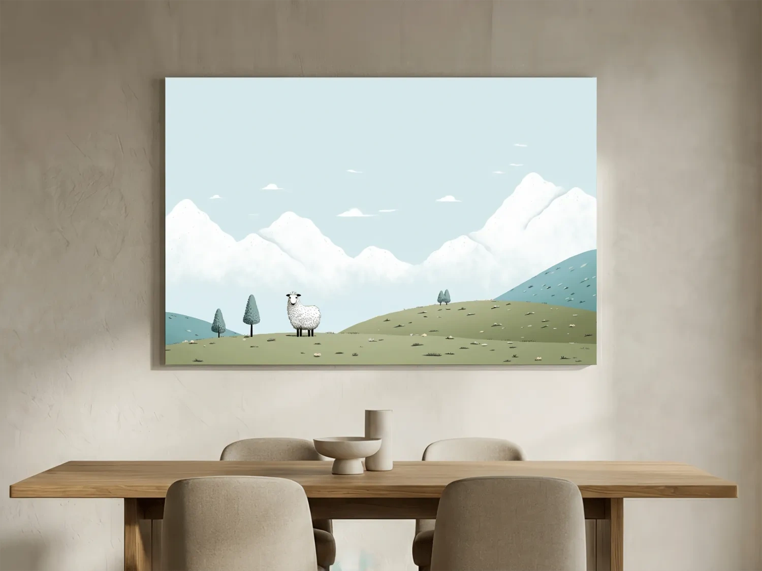 Illustration of a sheep in an alpine landscape