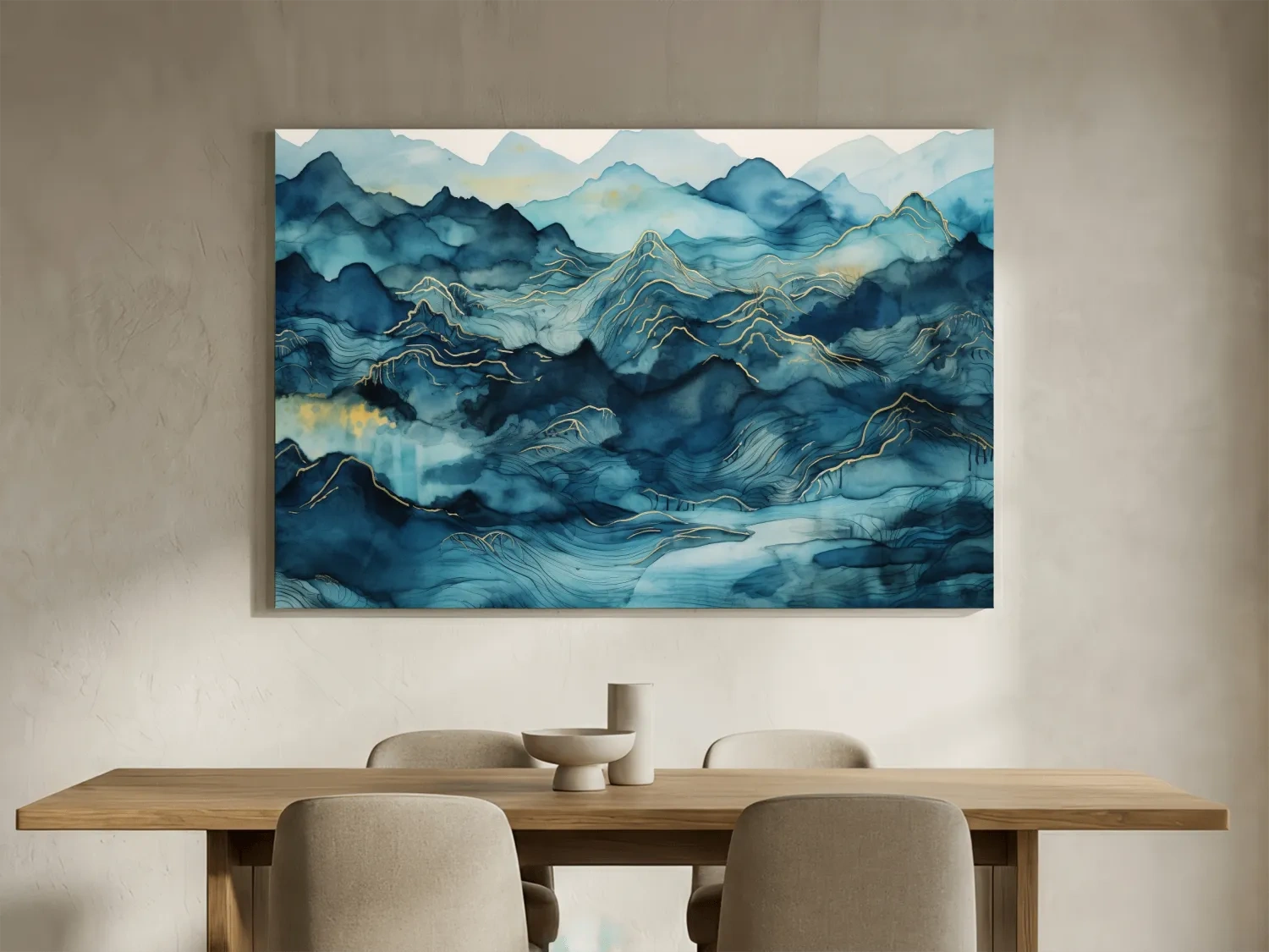 Watercolor Mountain Range With Gold Linework - Abstract Landscape Wall Art