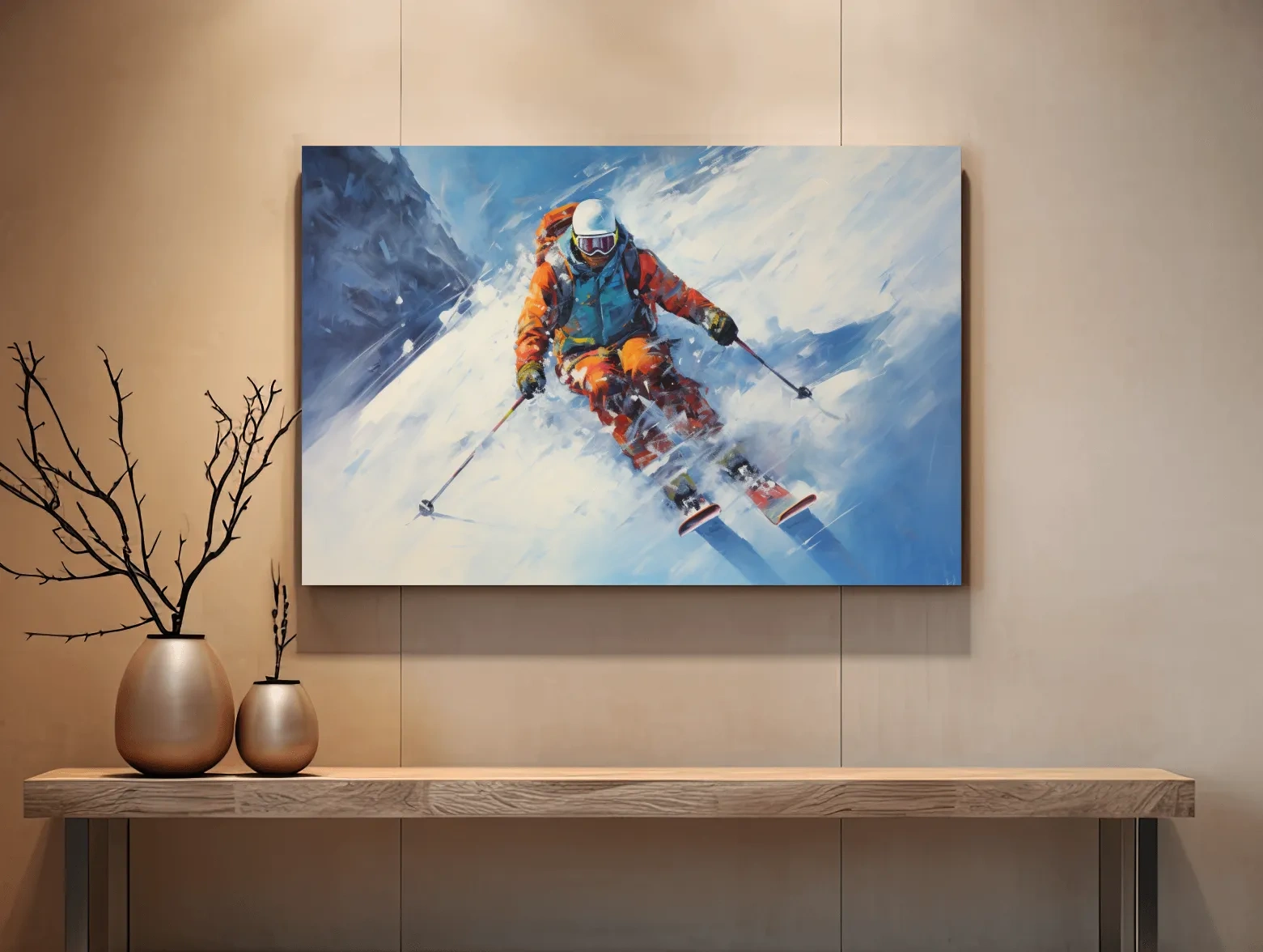 Dynamic Downhill Skier Painting - Snowy Alpine Adventure Wall Art
