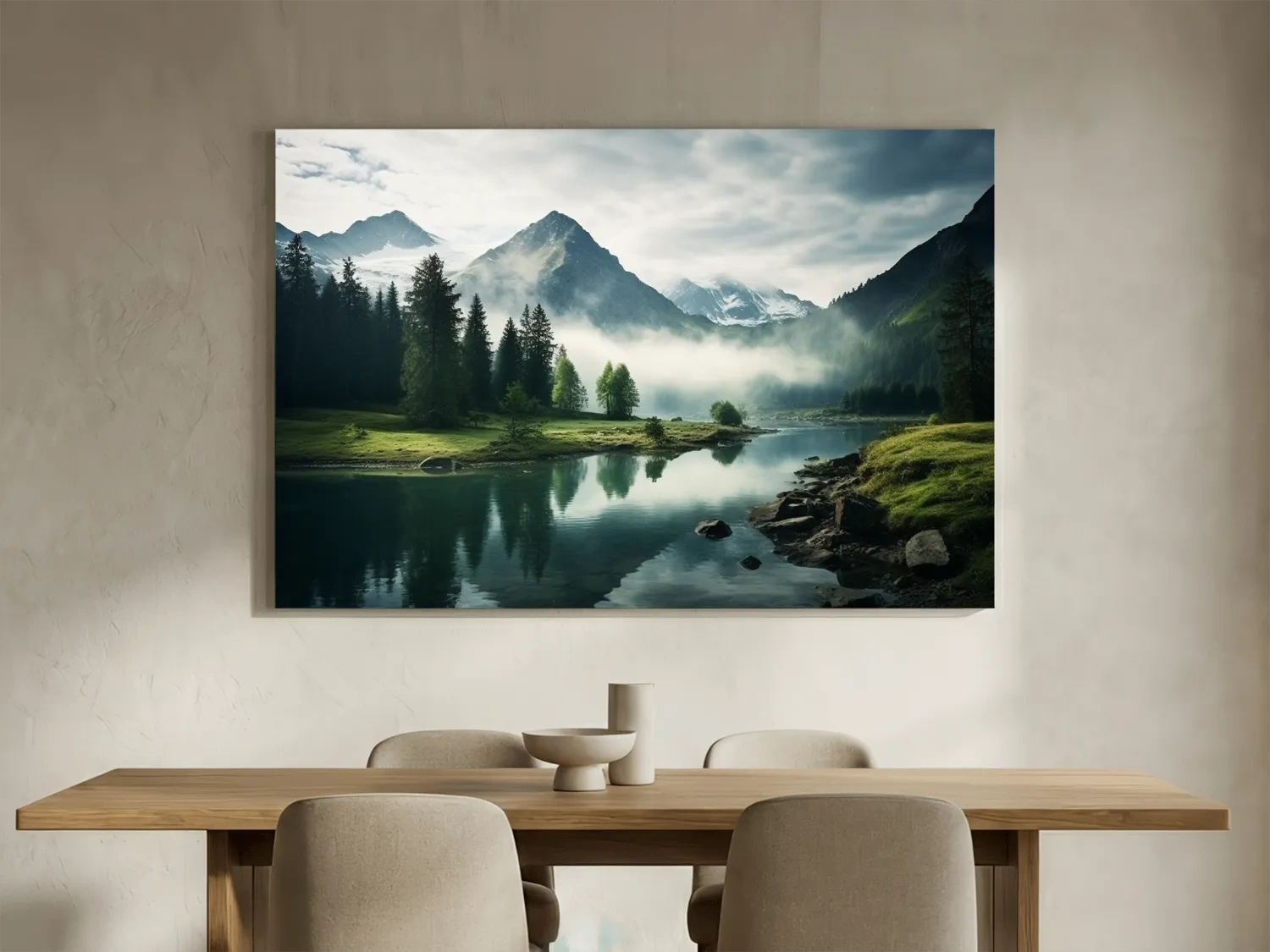 Misty Alpine Lake Reflection Landscape - Mountain Forest Photographic Wall Art