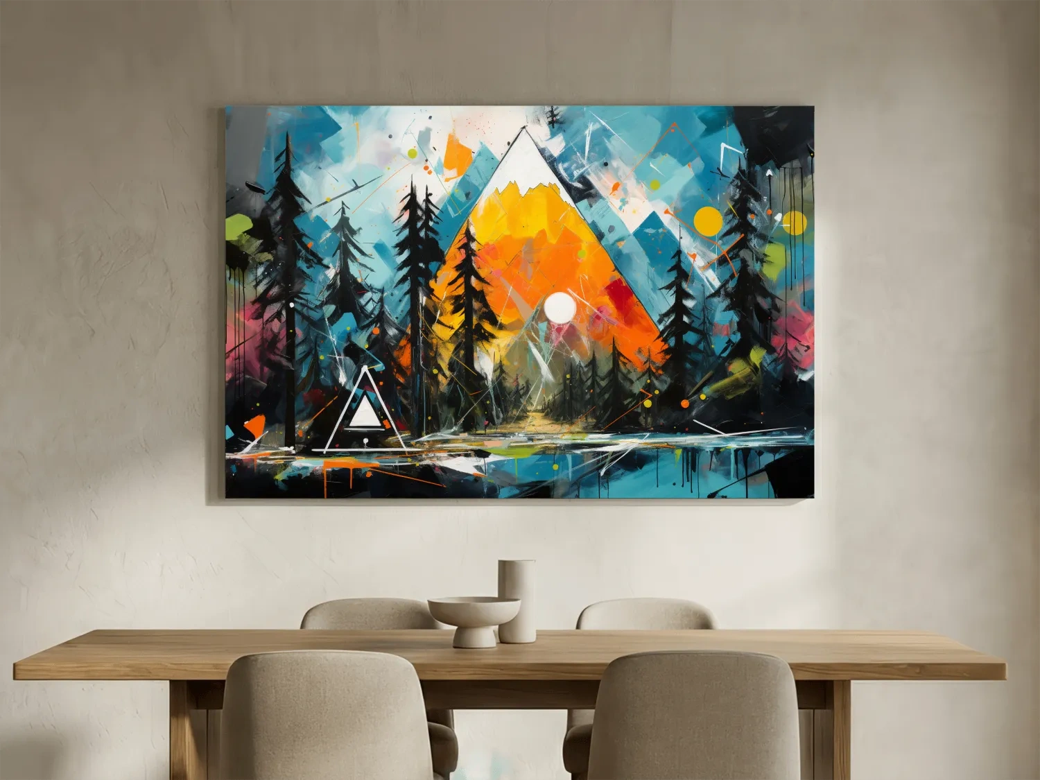 Vibrant Abstract Mountain Sunrise With Pine Forest - Energetic Landscape Wall Art