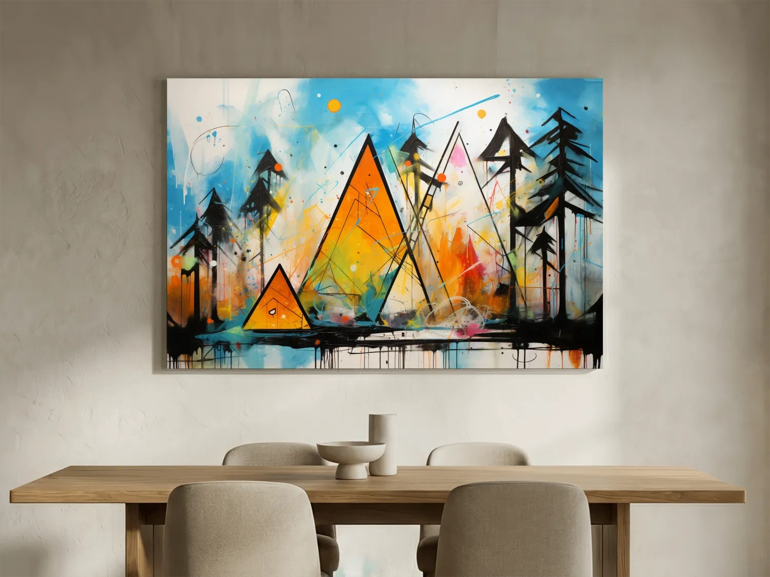 Vibrant Abstract Mountain Peaks And Pines - Colorful Mixed Media Wall Art