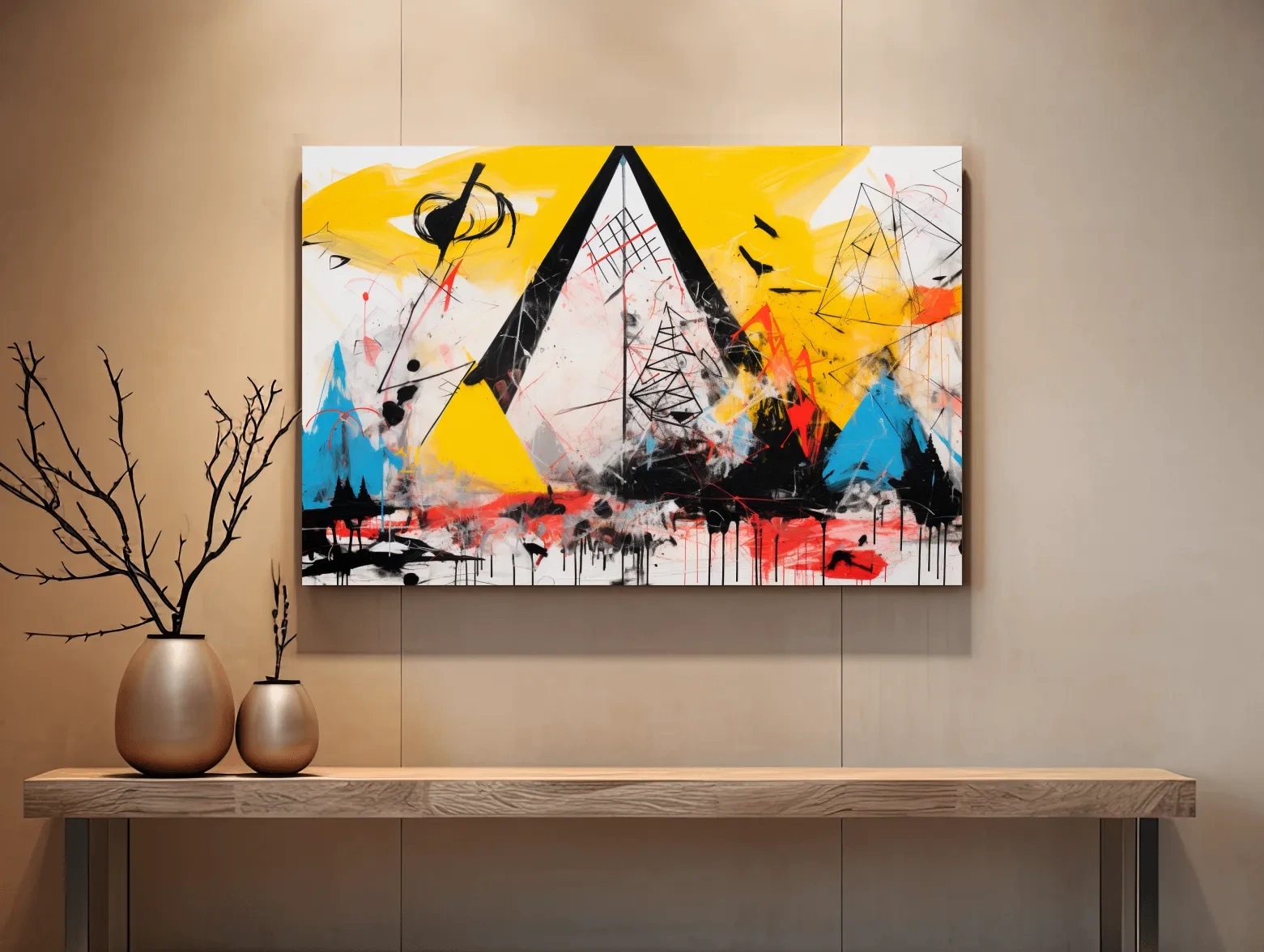 Abstract energetic graffiti style geometric mountain painting